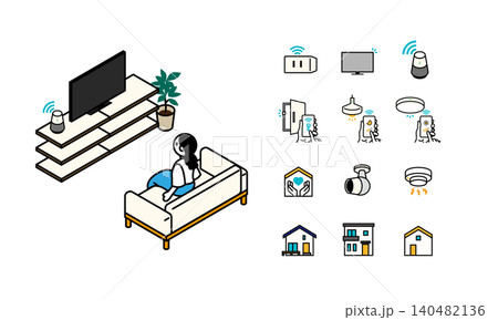 液晶テレビのあるリビングでテレビを見る女性とスマートホームアイコンのアイソメイラスト 液晶テレビのあるリビングでテレビを見る女性とスマートホームアイコンのアイソメイラスト 140482136
