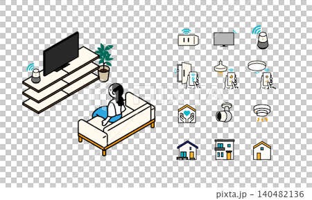 An isometric illustration of a woman watching TV in a living room with an LCD TV, and smart home icons. An isometric illustration of a woman watching TV in a living room with an LCD TV, and smart home icons. 140482136