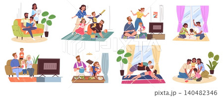 Family home activities. Parent play child kid board game, read book drawing cooking together happy mom dad son daughter spending time couch relax leisure classy vector illustration 140482346