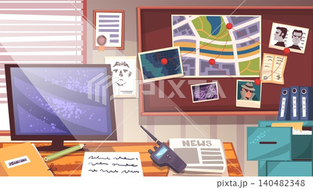 Detective desk. Police investigator workplace, inspector table paperwork crime investigation board wall evidence research cabinet room cartoon interior, classy vector illustration 140482348