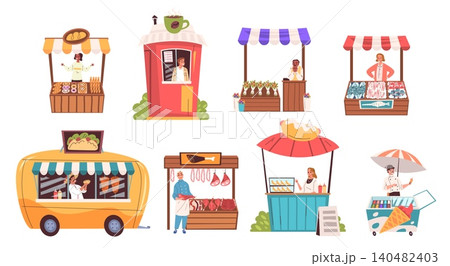Street stall vendors. Market stalls merchant, farmer vendor tent outdoor fair booth local seller street food fruit vegetable fresh produce stand shop set classy vector illustration Street stall vendors. Market stalls merchant, farmer vendor tent outdoor fair booth local seller street food fruit vegetable fresh produce stand shop set classy vector illustration 140482403