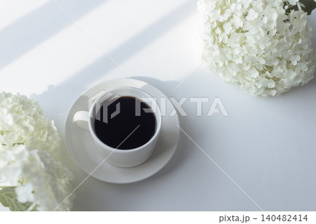 白いアナベルとコーヒーのある朝時間 白いアナベルとコーヒーのある朝時間 140482414
