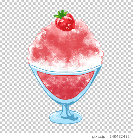 ガラスの器にいちごのかき氷の手描き風イラスト ガラスの器にいちごのかき氷の手描き風イラスト 140482455