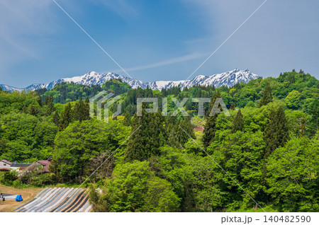 【小川村】新緑と残雪の北アルプス【成就展望所より撮影】 【小川村】新緑と残雪の北アルプス【成就展望所より撮影】 140482590