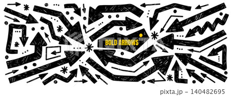 Bold arrow and marker brush with hand drawn shape for thick doodle sketch. Black scribble and asterisk dots with rough scratchy fill. Vector bold arrow set isolated for memo note collage and promo 140482695