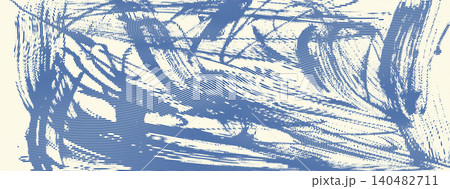 Brush blue halftone texture with sand grain and flowing dot pattern. Dense ink stroke lines on blue brush grain background for grunge digital art. Retro vector paint with distressed halftone effect 140482711