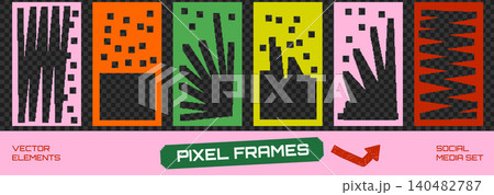 Cute photo frame with bold flower and zigzag pixel border for story carousel. Funky kid photo box and dither edge in playful pink frames. Vector social media set isolated for trendy blog Cute photo frame with bold flower and zigzag pixel border for story carousel. Funky kid photo box and dither edge in playful pink frames. Vector social media set isolated for trendy blog 140482787