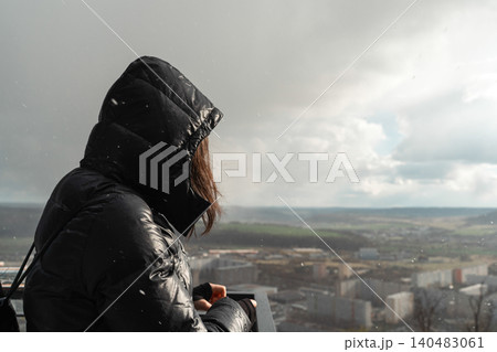 Woman Watching Rainy Valley From Viewpoint Woman Watching Rainy Valley From Viewpoint 140483061