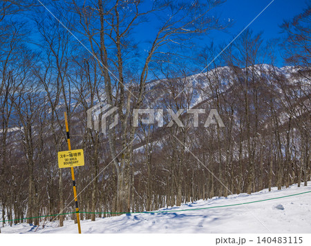 白馬コルチナスキー場の境界標識と雪の森 (長野県、小谷村) 白馬コルチナスキー場の境界標識と雪の森 (長野県、小谷村) 140483115