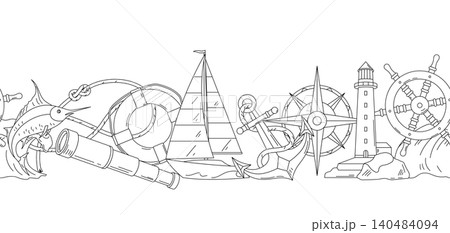Nautical line symbols seamless border. Travel and tourism background. Retro style conceptual illustration. Nautical line symbols seamless border. Travel and tourism background. Retro style conceptual illustration. 140484094