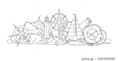 Nautical line symbols design. Travel and tourism background. Retro style conceptual illustration. Nautical line symbols design. Travel and tourism background. Retro style conceptual illustration. 140484099