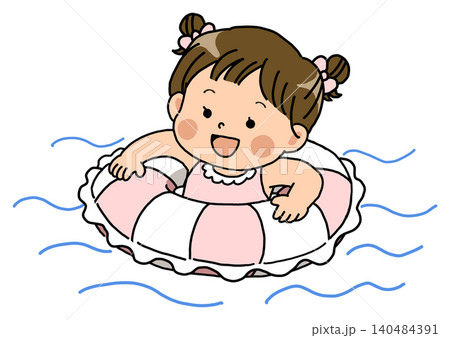 ピンクの浮き輪で水遊びをする笑顔の女の子 ピンクの浮き輪で水遊びをする笑顔の女の子 140484391
