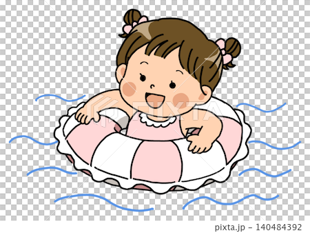 一個笑容燦爛的小女孩在水中玩著粉紅色的充氣泳圈。 140484392