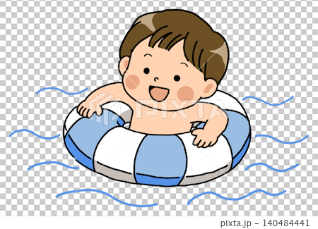 An illustration of a boy playing in the water with a swimming ring. An illustration of a boy playing in the water with a swimming ring. 140484441