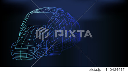 Wireframe model of a high-speed train locomotive displayed in a futuristic digital environment 140484615