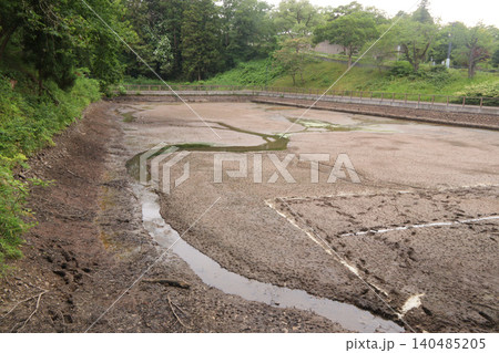フィギュアスケート発祥の地で仙台城跡二の丸のお堀である五色沼の水が全部抜かれた光景 宮城県仙台 フィギュアスケート発祥の地で仙台城跡二の丸のお堀である五色沼の水が全部抜かれた光景 宮城県仙台 140485205