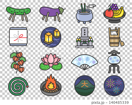 いろいろな、お盆関連のアイコン(線画カラー)のイラストセット いろいろな、お盆関連のアイコン(線画カラー)のイラストセット 140485339