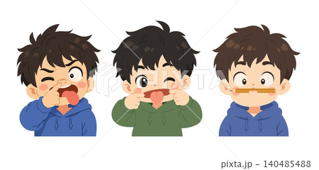 Three cute little boy cartoon characters making funny and playful faces, including nose picking, tongue sticking out, and pencil balancing. Kawaii flat vector illustration set isolated on a white back 140485488