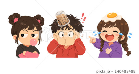 Three cute cartoon children showing funny and playful emotions, including blowing bubble gum, balancing a bubble tea cup, and laughing with a fried egg on the head. Kawaii flat vector illustration set Three cute cartoon children showing funny and playful emotions, including blowing bubble gum, balancing a bubble tea cup, and laughing with a fried egg on the head. Kawaii flat vector illustration set 140485489