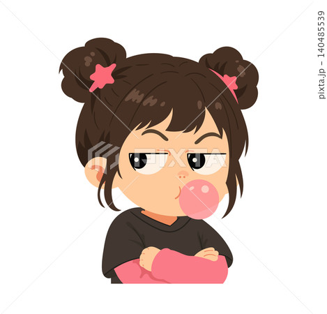 Cute little girl cartoon character blowing a pink bubble gum bubble, with crossed arms, playful expression, brown hair buns, and kawaii style. Flat vector illustration isolated on a white background. Cute little girl cartoon character blowing a pink bubble gum bubble, with crossed arms, playful expression, brown hair buns, and kawaii style. Flat vector illustration isolated on a white background. 140485539