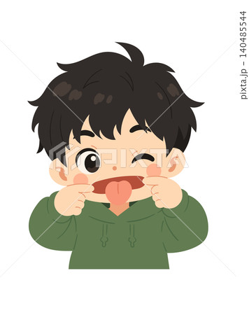 Funny little boy cartoon character making a silly face with tongue out, winking eye, and playful gesture. Kawaii flat vector illustration isolated on a white background. Funny little boy cartoon character making a silly face with tongue out, winking eye, and playful gesture. Kawaii flat vector illustration isolated on a white background. 140485544
