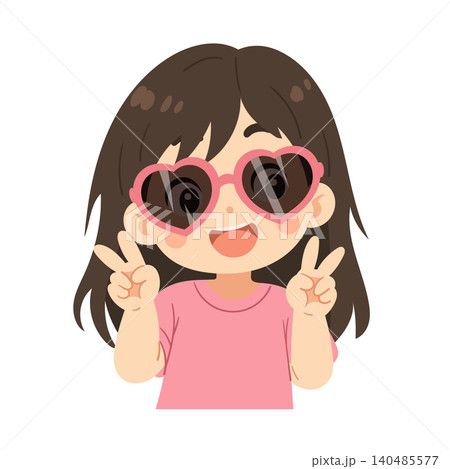 Cute little girl cartoon character wearing heart-shaped sunglasses, smiling happily, and showing peace signs with both hands. Kawaii flat vector illustration isolated on a white background. Cute little girl cartoon character wearing heart-shaped sunglasses, smiling happily, and showing peace signs with both hands. Kawaii flat vector illustration isolated on a white background. 140485577