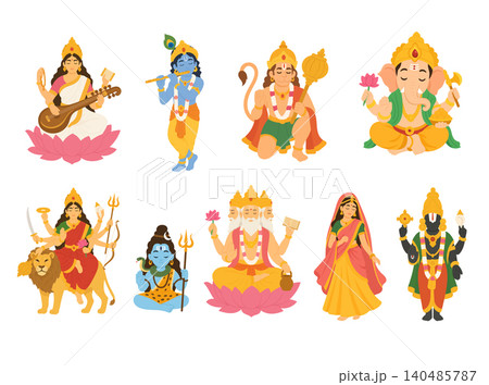 Collection of Hindu deities including Saraswati, Krishna, Hanuman, Ganesha, Durga, Shiva, Brahma, Radha and Balaji in flat vector style illustrations. Collection of Hindu deities including Saraswati, Krishna, Hanuman, Ganesha, Durga, Shiva, Brahma, Radha and Balaji in flat vector style illustrations. 140485787
