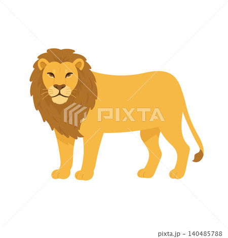 Majestic lion standing in a calm pose, featuring a full mane and detailed facial expression, illustrated in a minimalist flat vector style. 140485788