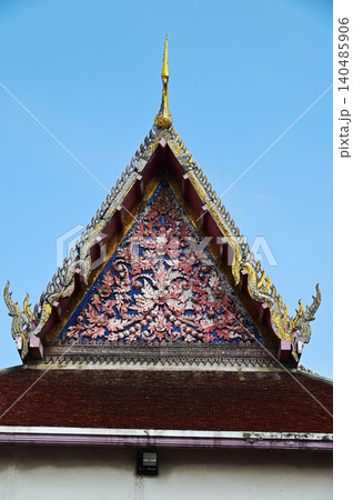 Thai art at gable of the church at Wat Intharam Worawihan in Bangkok capital ,Thailand. Thai art at gable of the church at Wat Intharam Worawihan in Bangkok capital ,Thailand. 140485906