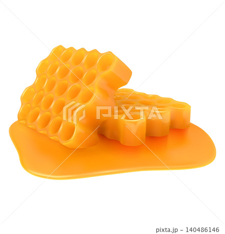 Honeycombs with bee honey 3D vector realistic illustration, orange comb with hexagon cells, natural golden sweet nectar Honeycombs with bee honey 3D vector realistic illustration, orange comb with hexagon cells, natural golden sweet nectar 140486146