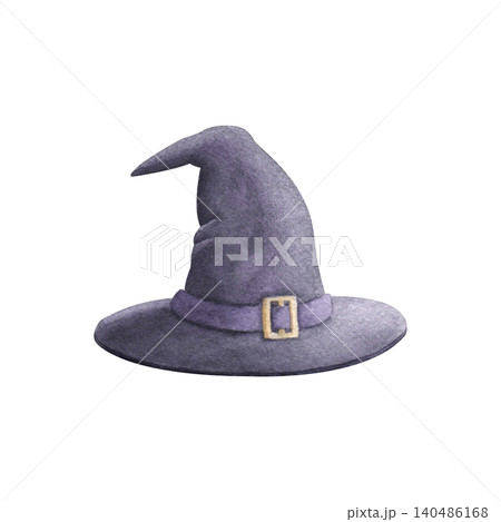 Purple witch hat watercolor illustration isolated on white background. Hand painted realistic witch accessory with visible texture. Perfect for Halloween cards and seasonal party decorations. Purple witch hat watercolor illustration isolated on white background. Hand painted realistic witch accessory with visible texture. Perfect for Halloween cards and seasonal party decorations. 140486168