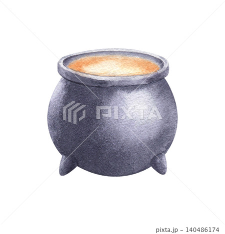 Dark cauldron filled with glowing orange liquid watercolor illustration isolated on white background. Hand drawn realistic pot with deep color and visible texture. Perfect for Halloween designs and ma Dark cauldron filled with glowing orange liquid watercolor illustration isolated on white background. Hand drawn realistic pot with deep color and visible texture. Perfect for Halloween designs and ma 140486174