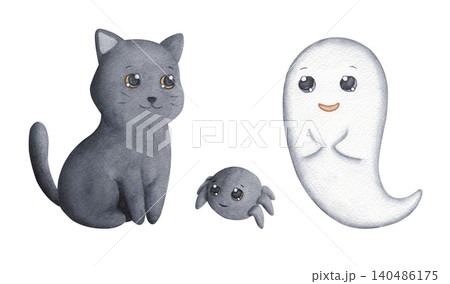Kitten, ghost and little spider watercolor illustration isolated on white background. Hand drawn set of cute holiday characters in cartoon style. Perfect for Halloween cards and nursery decor Kitten, ghost and little spider watercolor illustration isolated on white background. Hand drawn set of cute holiday characters in cartoon style. Perfect for Halloween cards and nursery decor 140486175