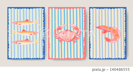 Set of three marine illustrations: sardines, crab, and prawn on striped panels Set of three marine illustrations: sardines, crab, and prawn on striped panels 140486555