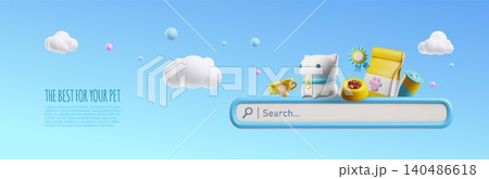 A 3D banner with a search bar, a cat and pet products, a bowl, food, and a scratching post. 140486618