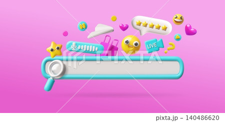 Search bar with magnifying glass, smiley emoji, shopping bag, multimedia player, 3D cartoon vector internet browser Search bar with magnifying glass, smiley emoji, shopping bag, multimedia player, 3D cartoon vector internet browser 140486620