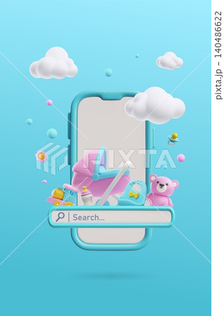 A 3D vertical poster with a smartphone, a search bar, and baby products. A 3D vertical poster with a smartphone, a search bar, and baby products. 140486622