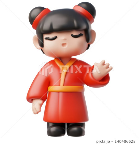 A 3D cartoon figurine of a Chinese girl in a traditional red hanfu with a yellow sash. A 3D cartoon figurine of a Chinese girl in a traditional red hanfu with a yellow sash. 140486628