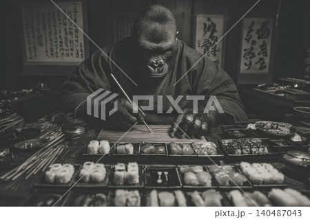 Powerful gorilla creates sushi masterpiece in a traditional Japanese setting Powerful gorilla creates sushi masterpiece in a traditional Japanese setting 140487043
