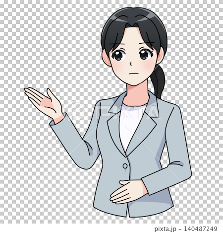 Businesswoman in a serious, guiding pose, upper body illustration. Businesswoman in a serious, guiding pose, upper body illustration. 140487249