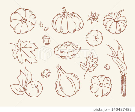 Hand drawn autumn pumpkins and thanksgiving harvest doodle set 140487485