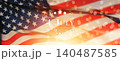 American Independence Day celebration banner featuring a waving USA flag, patriotic stars and stripes, glowing bokeh lights, and July 4th typography, for national holiday, freedom, patriotism themes. 140487585