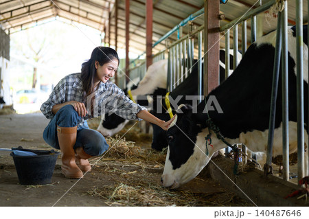 Smiling woman farmer caring for cow in barn, sustainable agriculture lifestyle Smiling woman farmer caring for cow in barn, sustainable agriculture lifestyle 140487646