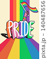 Colorful Pride vector illustration for Pride month celebration, LGBTQ+ flag, raised hand, and vibrant spectrum background. Symbol of equality, diversity, inclusion, human rights 140487656