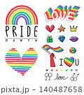 set of Pride Month vector illustration collection featuring rainbow icons, LGBTQ+ symbols, hearts, love typography, equality signs, and colorful flags. 140487658
