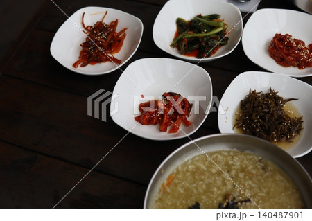 Korean Banchan and Rice Dish Arrangement Korean Banchan and Rice Dish Arrangement 140487901