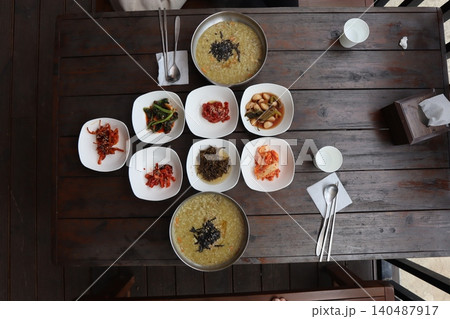 Korean Meal Spread on Wooden Table Korean Meal Spread on Wooden Table 140487917