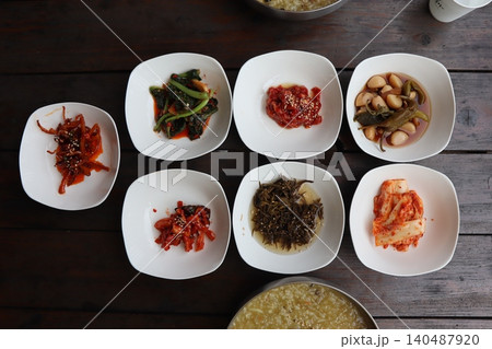 Korean Banchan Assortment on Wooden Table 140487920