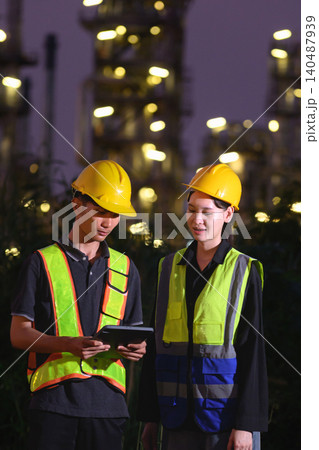 Engineers discussing inspection work outside oil refinery and petrochemical processing facility 140487939