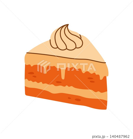 Slice of layered carrot or pumpkin cake with cream frosting 140487962